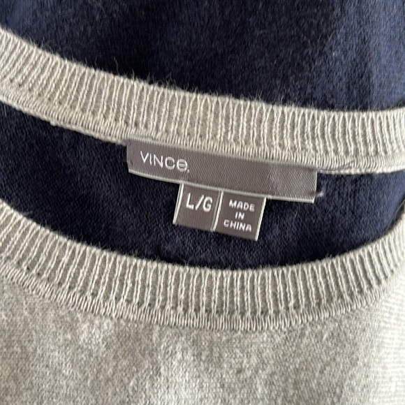 Vince Cotton Cashmere Knit Sweater Crew Neck Gray and Navy Blue - Picture 6 of 9